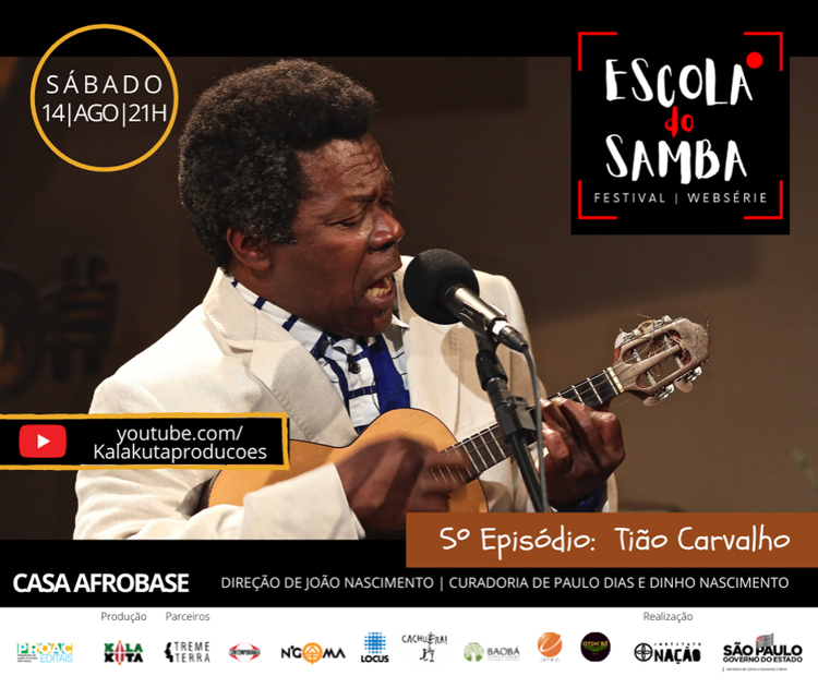 Banner do 5º episódio da websérie "Escola do Samba", acompanhada de músicos em um ambiente cultural.