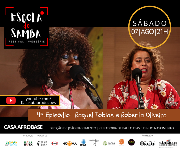 Raquel Tobias cantando durante o 4º episódio da websérie "Escola do Samba", com expressão vibrante e emotiva.