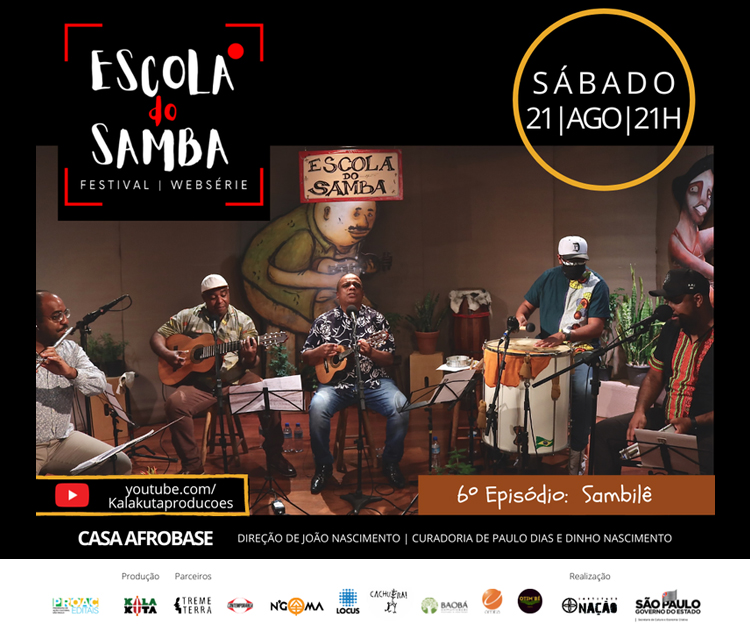 Cena do episódio 6 da websérie "Escola do Samba", onde um grupo de sambistas aparece reunido tocando instrumentos de percussão.