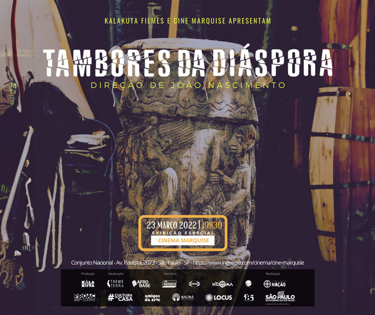 Pôster do filme "Tambores da Diáspora", apresentando uma vibrante obra de arte que destaca tambores e símbolos da cultura afro-brasileira.