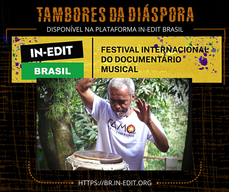 Arte do pôster do filme "Tambores da Diáspora", rica em cores, que enfatiza os tambores e elementos representativos da herança afro-brasileira.