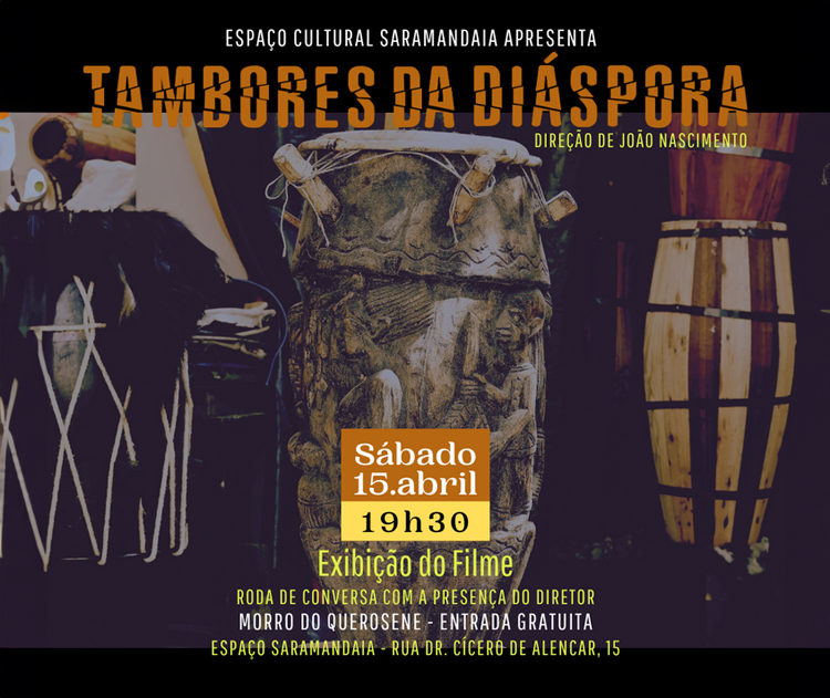 Imagem do pôster do filme "Tambores da Diáspora", com uma composição artística cheia de vida que ressalta tambores e aspectos da cultura afro-brasileira.