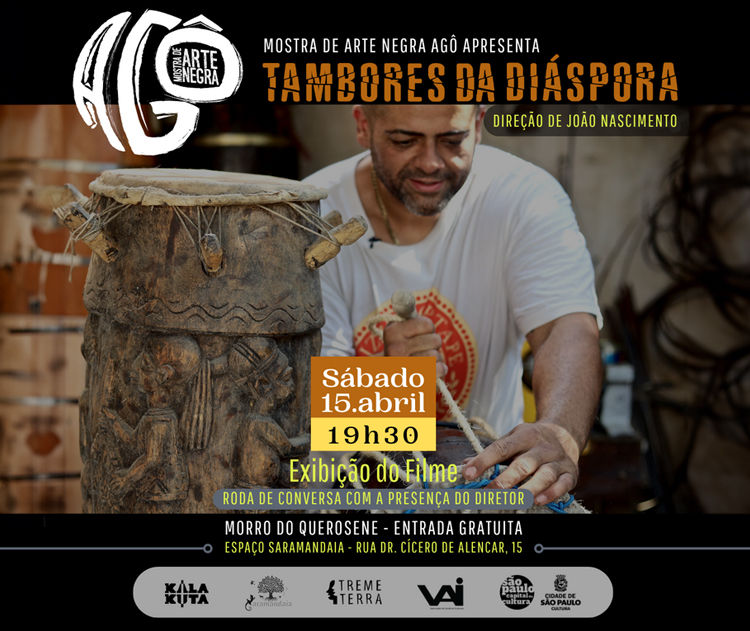 O pôster do filme "Tambores da Diáspora" exibe uma composição artística exuberante em cores, focando nos tambores e elementos da tradição afro-brasileira.