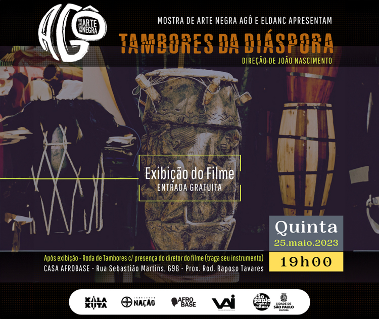 Pôster do filme "Tambores da Diáspora", apresentando uma obra de arte rica em tons vibrantes, destacando tambores e a cultura afro-brasileira.