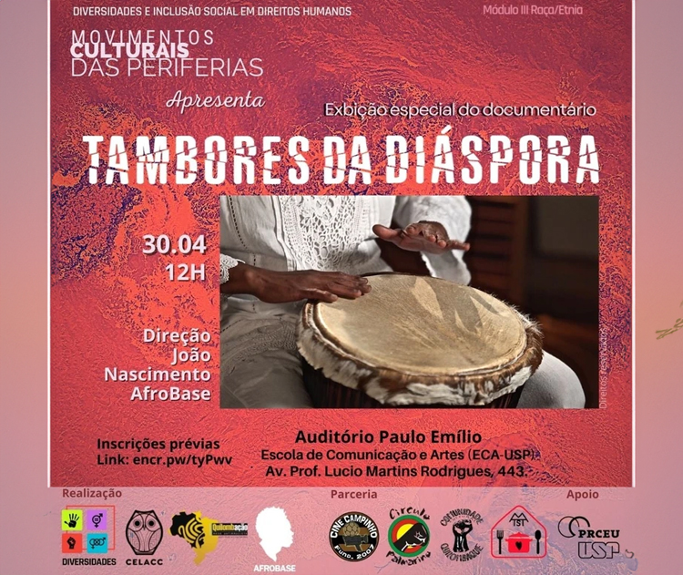 Imagem do pôster do filme "Tambores da Diáspora", uma composição cheia de cores, que ilustra tambores e a rica cultura afro-brasileira.