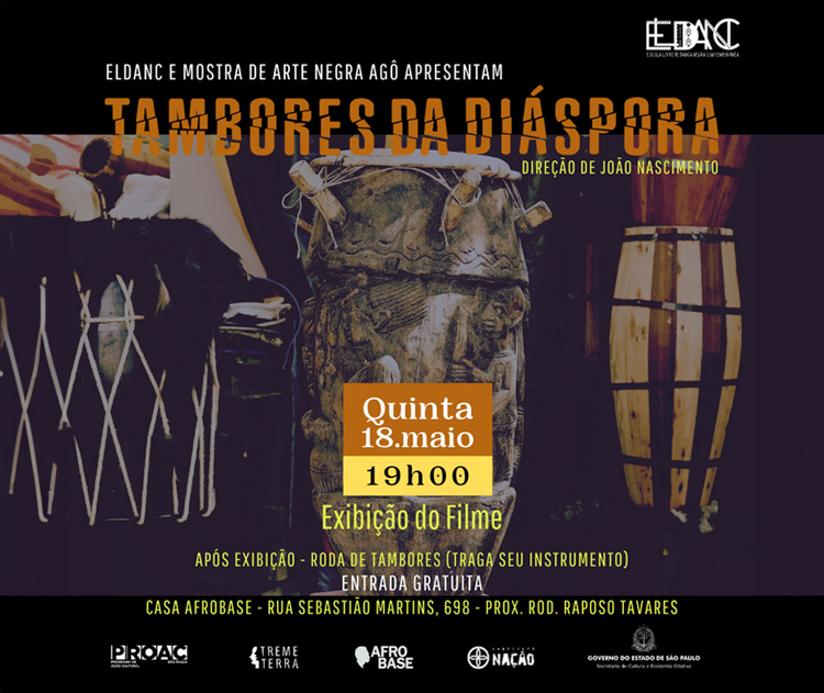 Pôster do filme "Tambores da Diáspora", apresentando uma arte vibrante que valoriza os tambores e a cultura afro-brasileira.